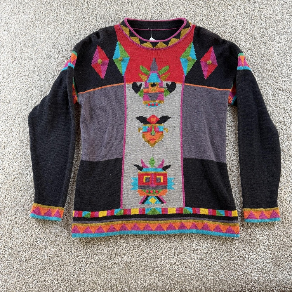 Vintage Tribal Aztec Sweater Women Large Multicolor Tight Knit Crewneck Pullover